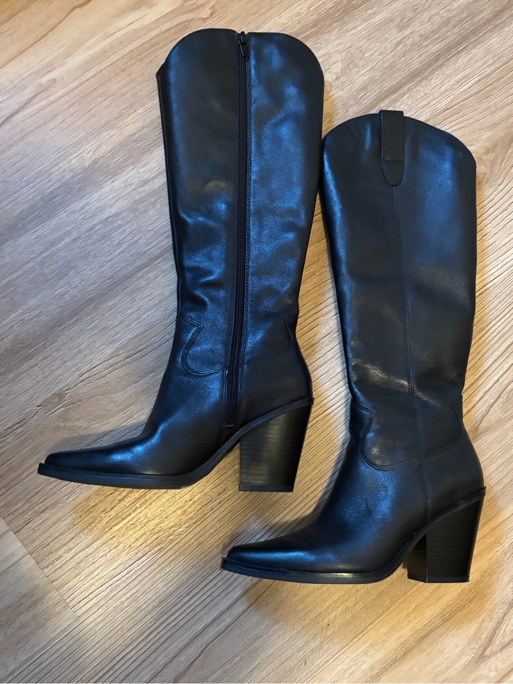 Aldo Black Leather Mid-Calf Block Heel Boots